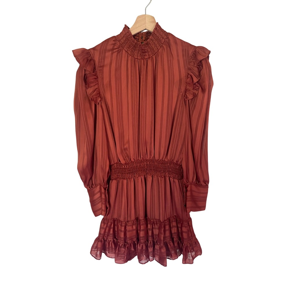 MISA‎ Los Angeles Women's Ruffled Mini Dress Long Sleeve Striped Rust  Sz M New